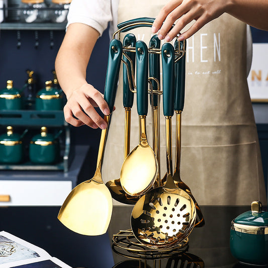 7 PCS Stainless Steel Silicone Kitchen Utensil Slotted Spatula Turner Ladle Serving Spoon Pasta Server Cooking Set - Kreeam