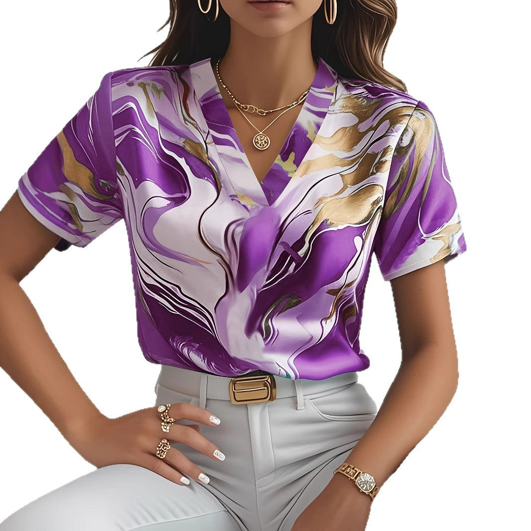 Geometric Pattern V-neck Commuter's All-matching Short Sleeve Shirt - Kreeam