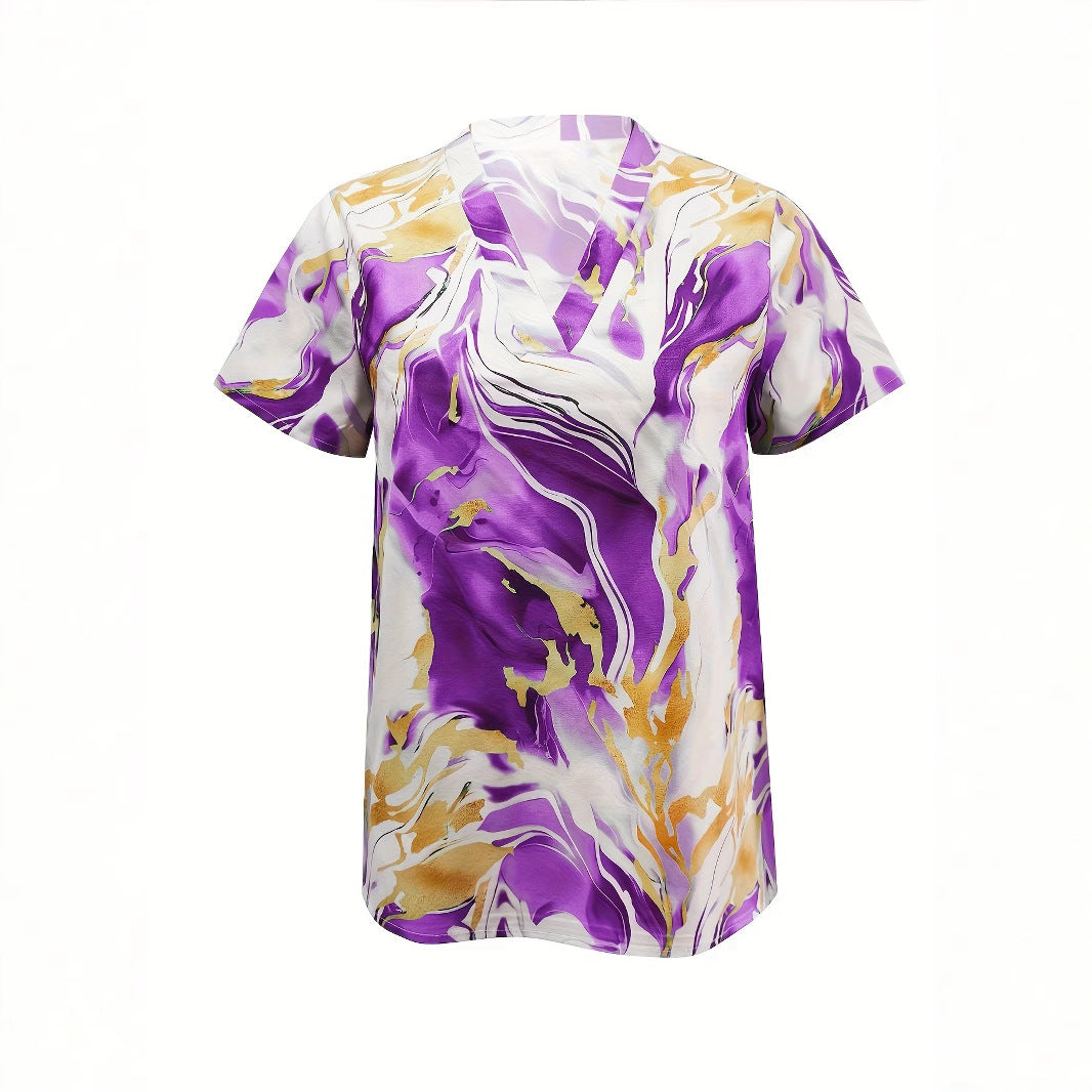 Geometric Pattern V-neck Commuter's All-matching Short Sleeve Shirt - Kreeam