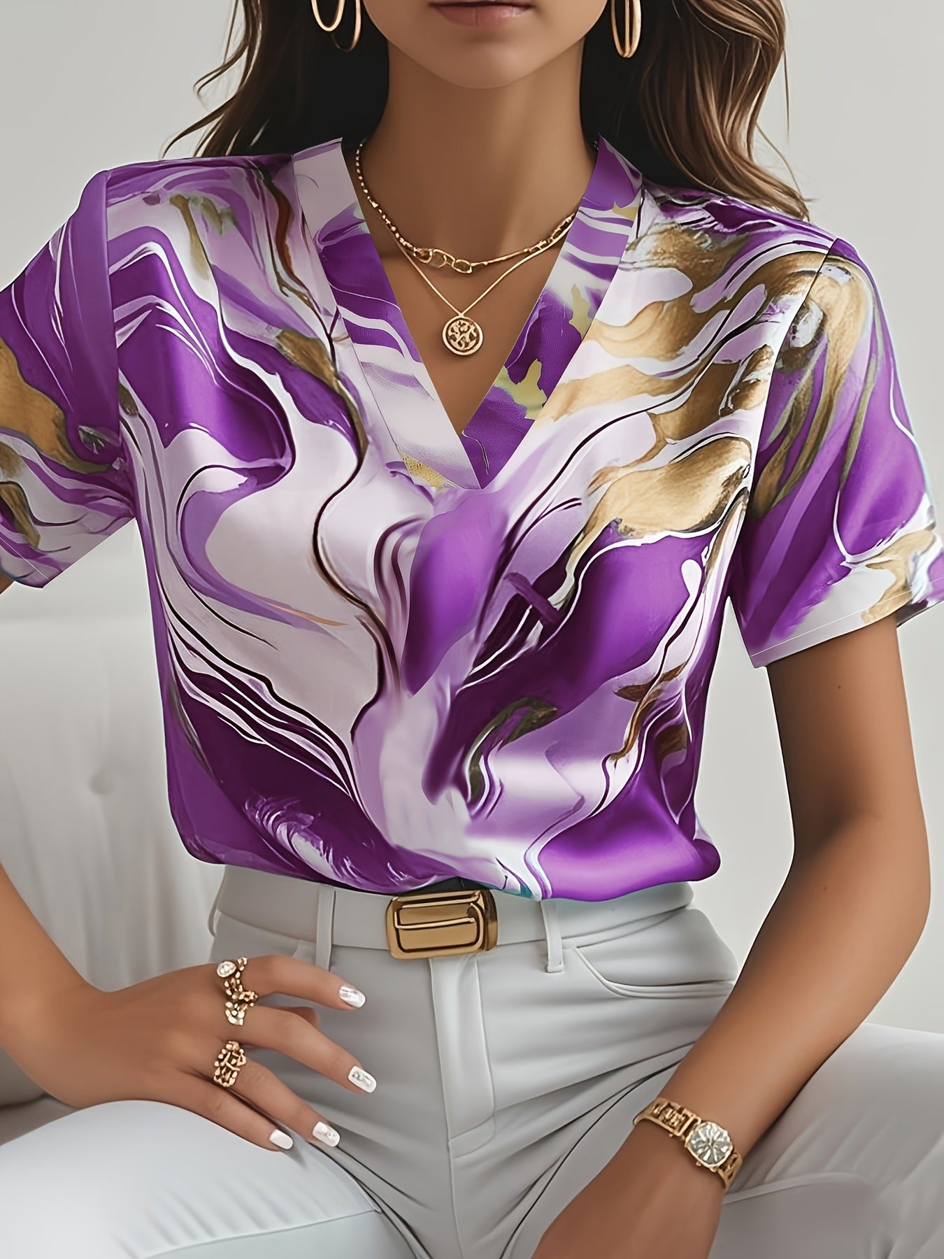 Geometric Pattern V-neck Commuter's All-matching Short Sleeve Shirt - Kreeam