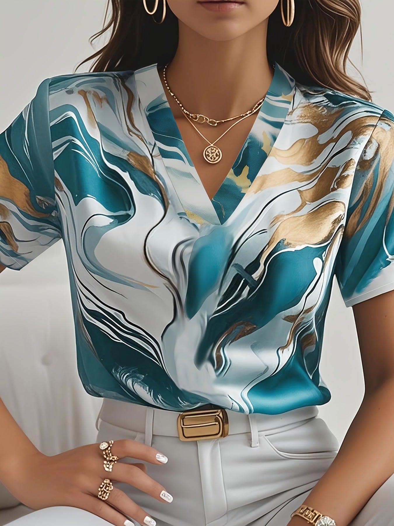 Geometric Pattern V-neck Commuter's All-matching Short Sleeve Shirt - Kreeam