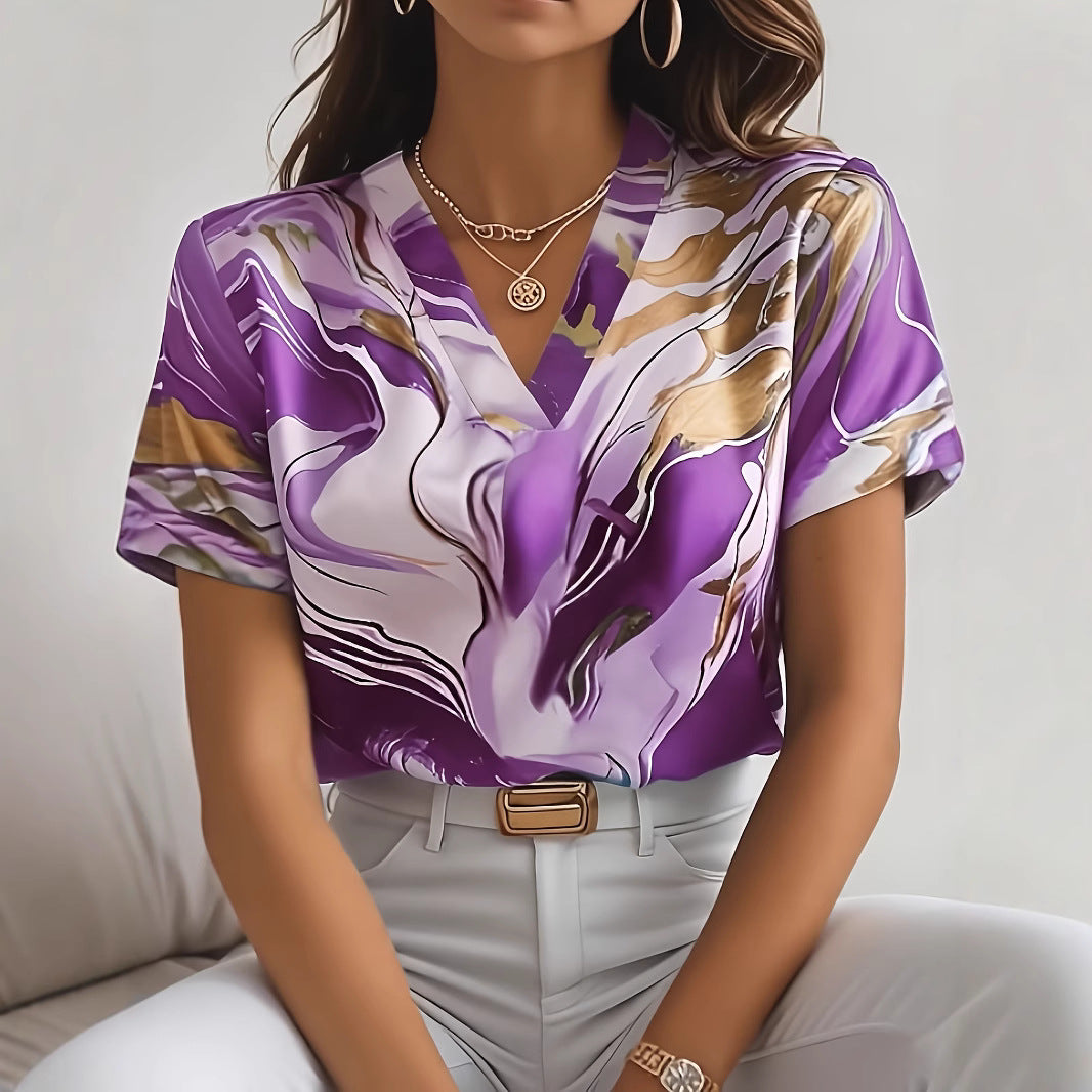 Geometric Pattern V-neck Commuter's All-matching Short Sleeve Shirt - Kreeam
