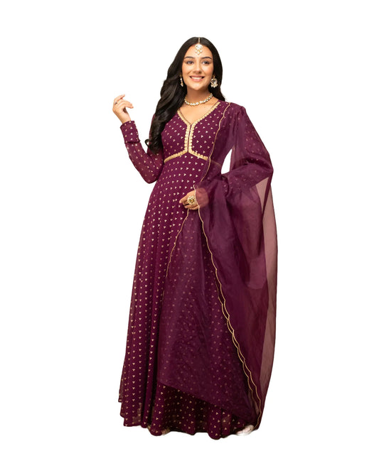 FIORRA Womens Wine Georgette Printed Gown with Dupatta SET0129 - Kreeam