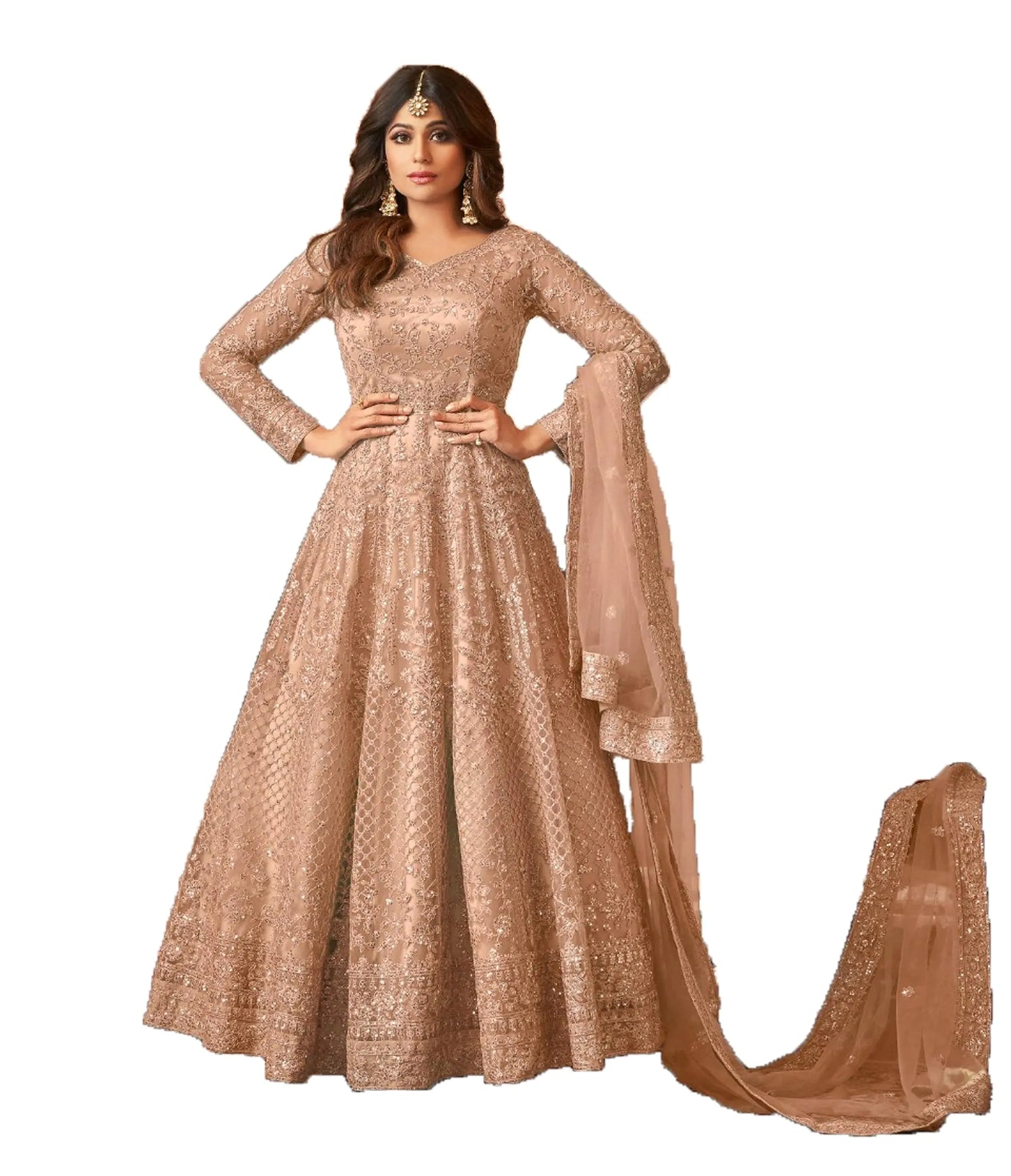STELLACOUTURE womens indian traditional full length heavy embroidered ethnic salwar suit with dupatta (2318-O) (Peach X-LARGE) - Kreeam