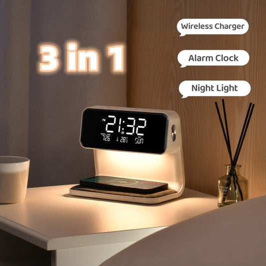 Creative 3 In 1 Bedside Lamp Wireless Charging LCD Screen Alarm Clock  Wireless Phone Charger - Kreeam