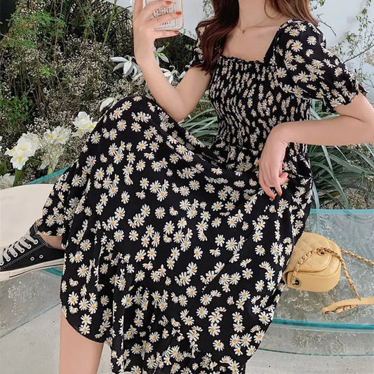 Square Neck Floral Fairy Dress with Daisy Print - Kreeam