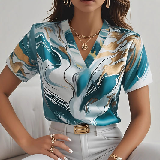 Geometric Pattern V-neck Commuter's All-matching Short Sleeve Shirt - Kreeam