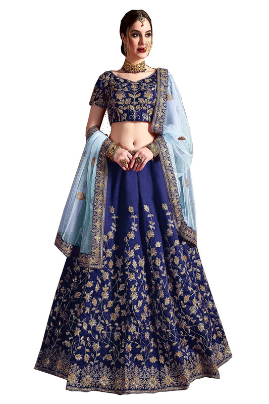 STELLACOUTURE indian ready to wear silk flared bridal lehenga choli for women with stitched blouse and dupatta (8079-U) (44 Blue) - Kreeam