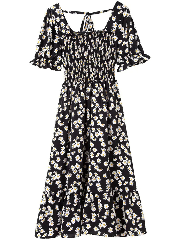Square Neck Floral Fairy Dress with Daisy Print - Kreeam