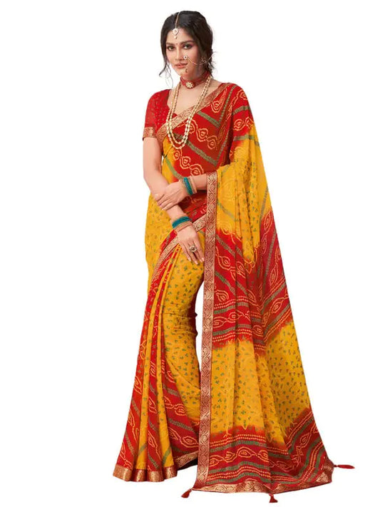 SIRIL Womens Bandhani Printed Chiffon Saree With Blouse(2612S2066_Yellow & Red) 5.5 Meters Mustad & Red - Kreeam