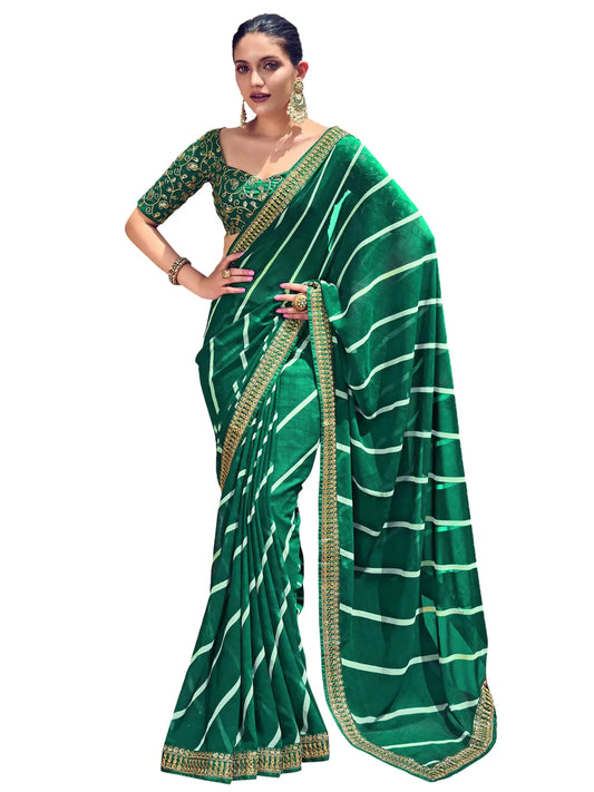 SIRIL Womens Leheriya Printed & Lace Georgette Saree With Unstitched Blouse Piece(2555S290_) 5.5 Meters Green White - Kreeam